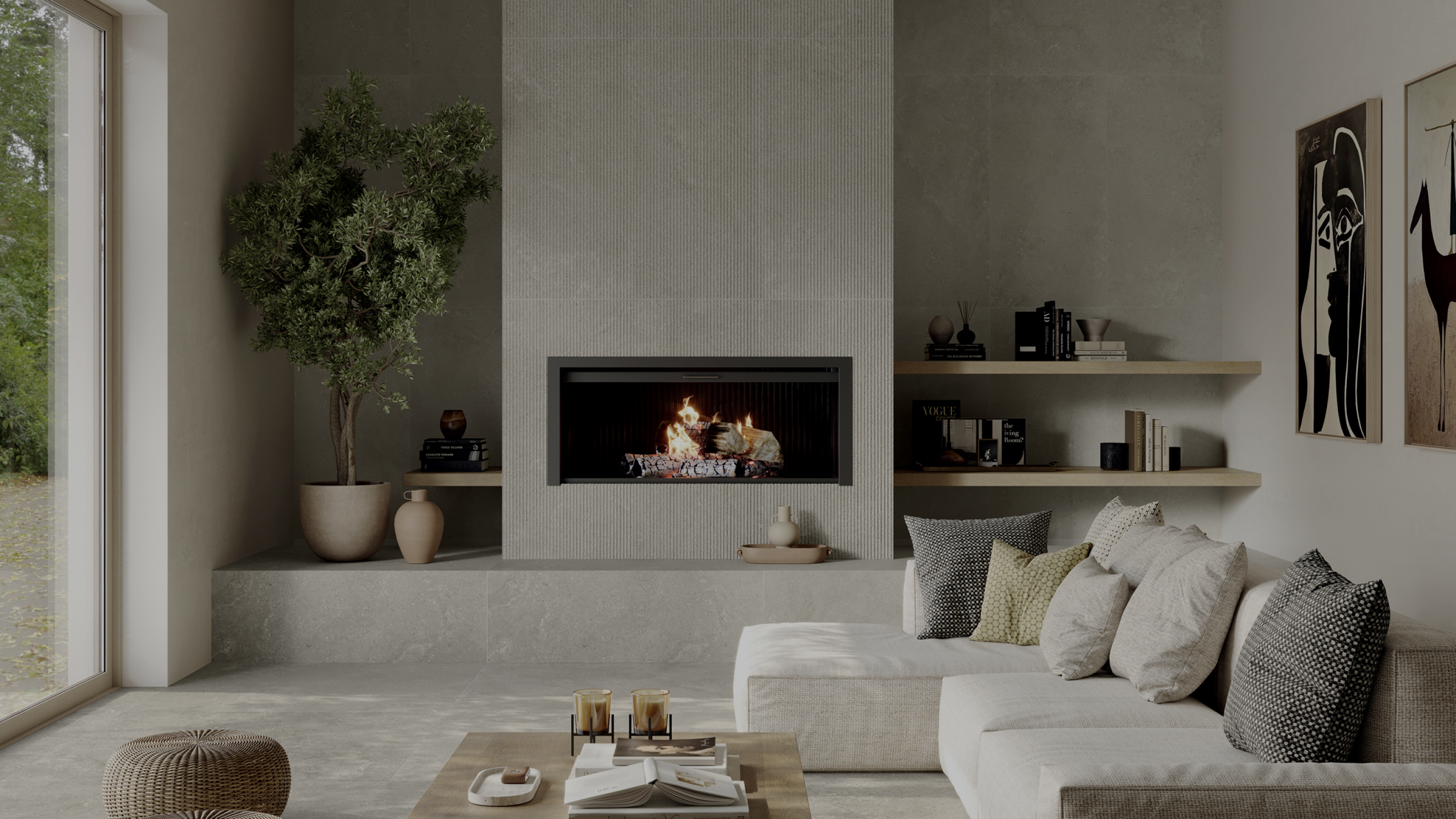 Living room with a stone-effect porcelain stoneware wall